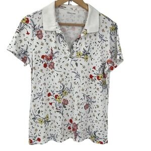 Lands End Womens White Floral V-Neck Polo Shirt Short Sleeve Size M 10-12 Peru